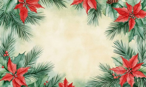 A beautiful Christmas card featuring a red and green border and a red poinsettia in the center. The