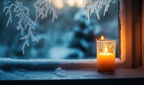 A candle is lit in a glass on a window sill. The candle is surrounded by snow, and the snowflakes