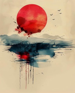 Abstract landscape with a red sun, distant mountains, and birds in a minimalistic watercolor style,