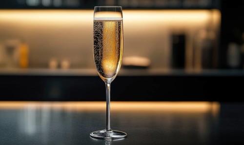 A glass of champagne is sitting on a counter. The bubbles in the champagne are visible, and the