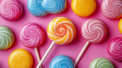 Colorful lollipops with swirls on a pink background, AI generated