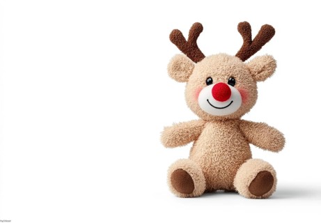 A cute reindeer plush with antlers, a red nose, and a cheerful smile, isolated on a transparent