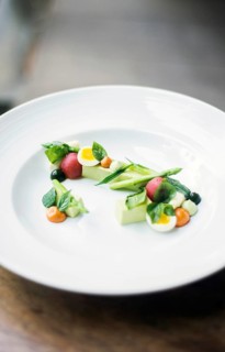 Helthy mixed vegetable salad with egg and broccoli mousse