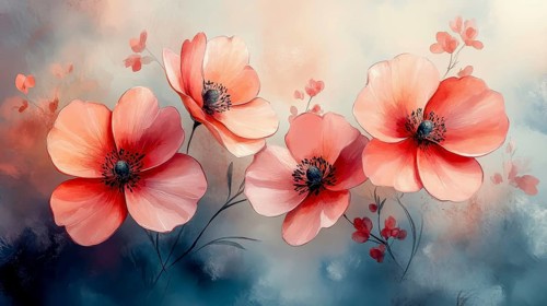 Light pink poppies with leaves in a serene watercolor style, AI generated