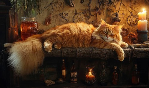 Fluffy gray cat lounging on a wooden shelf in the witches room AI generated