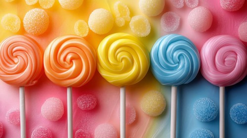 Colorful lollipop swirls with rainbow tones and gumdrops on a colorful background, AI generated