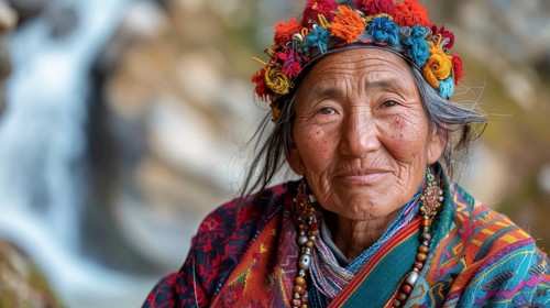 Woman wearing a vibrant traditional dress and floral headpiece, smiling near a waterfall, AI