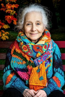 Elderly woman sits on a bench in colourful knitted clothes against an autumnal backdrop, generated