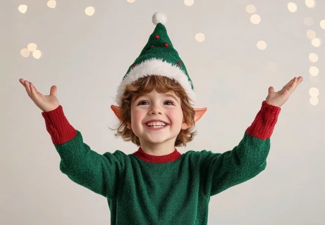 A cheerful boy dressed as a festive elf with green sweater and red details, with Christmas hat and