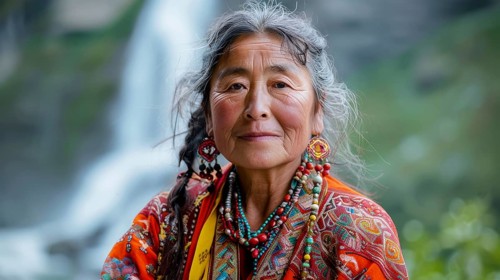 Woman in traditional colorful attire with earrings and necklace, standing by a waterfall, smiling,