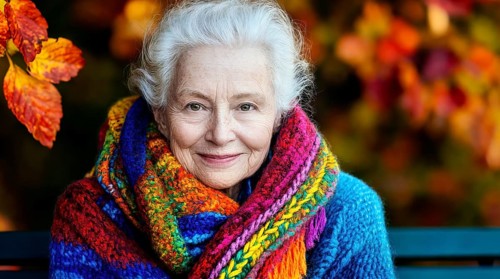Elderly woman with colourful knitted scarf and friendly smile in front of autumnal nature,