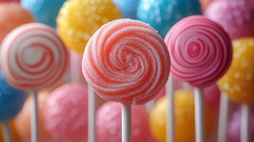 Vibrant lollipops with swirls in various colors in focus among others, AI generated