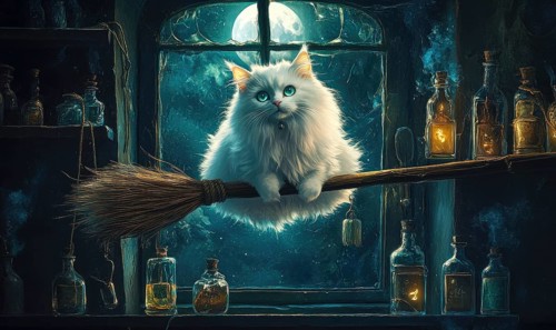 Fluffy white cat perched on a floating broomstick, broom bristles glowing faintly AI generated
