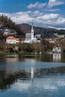 Bled, Slovenia, 04 11 2018: View over Bled lake, the castle and mountains, Europe