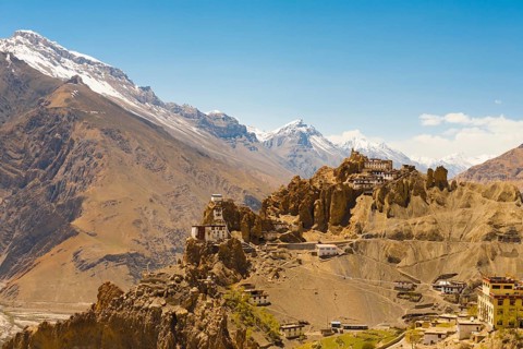 The stunning Dhankar cliff old monastery in Spiti Valley amongst the mountains of the Himalayas in