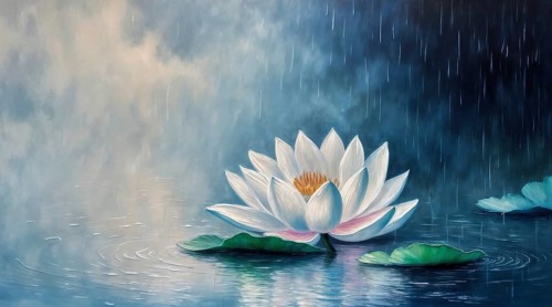 Illustration of a water lily in the style of a painting on canvas. Dirt and traces give the image a