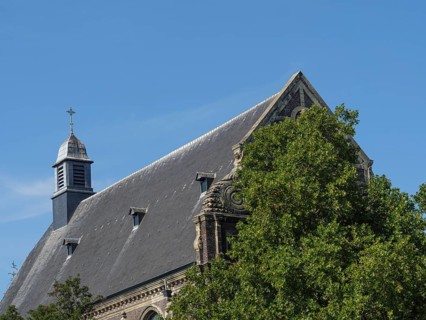 Historic church building, partly covered by trees under a blue sky, maastricht. netherlands