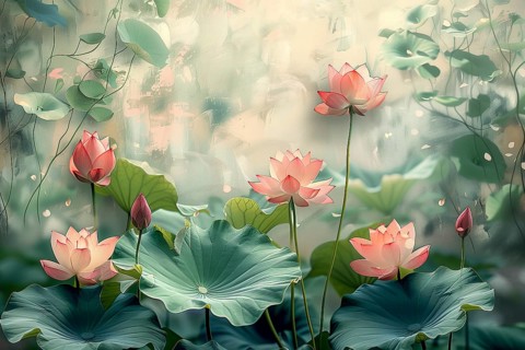 Delicate composition of bright pink lotus flowers with soft green leaves. The background has a