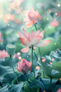 Delicate composition of bright pink lotus flowers with soft green leaves. The background has a