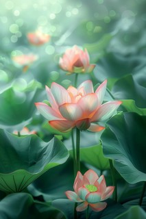 Delicate composition of bright pink lotus flowers with soft green leaves. The background has a
