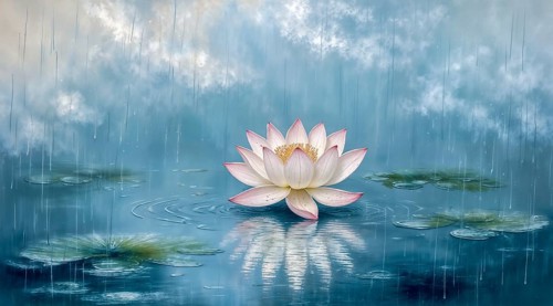Illustration of a water lily in the style of a painting on canvas. Dirt and traces give the image a