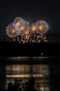 Fireworks over a lake with a reflection in the water