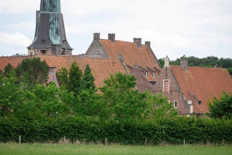 Close-up of a historic village with brick houses, church tower and dense vegetation, Raesfeld,