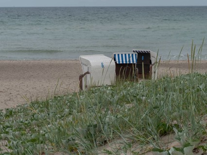 Beach chairs on the beach next to tufts of grass overlooking the sea. A cool and windy atmosphere,