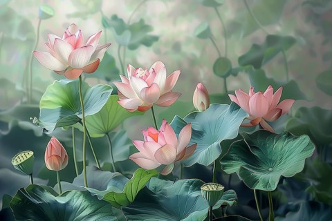 Delicate composition of bright pink lotus flowers with soft green leaves. The background has a