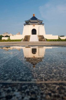 The Chiang Kai Shek Memorial Hall reflected in a puddle of rainwater