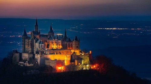 Hohenzollern Castle, the ancestral seat of the House of Hohenzollern, photographed in the evening