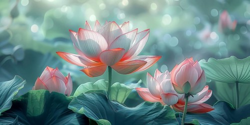 Delicate composition of bright pink lotus flowers with soft green leaves. The background has a