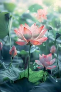 Delicate composition of bright pink lotus flowers with soft green leaves. The background has a