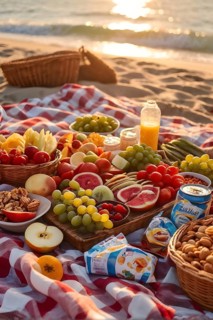 Picnic scene with healthy food and snacks on a sunny sandy beach, AI generated