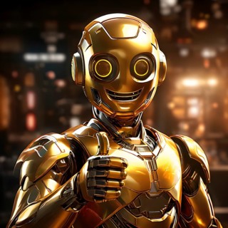 Friendly smiling golden robot with a thumb up symbolizing artificial intelligence, AI generated