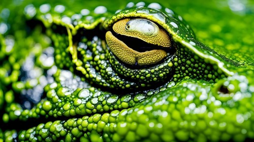 Close up on the wrinkled skin of a grass frog with intricate patterns and vibrant hues, AI