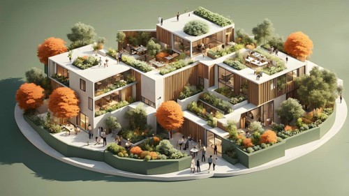 3d render of a compact community of interconnected artists studios in co living, AI generated