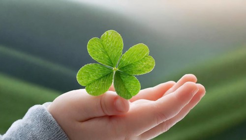 A shamrock is held on a palm, baby, symbolises happiness and nature, AI generated, AI generated