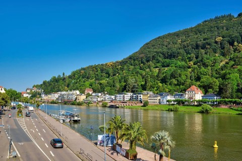 Heidelberg, Germany, June 28th 2024: View over lower Neckar river bank with street and residential