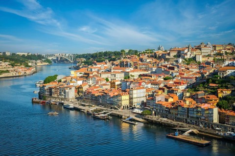 Aerial view of Porto city and Douro river from famous tourist viewpoint Miradouro da Serra do Pilar