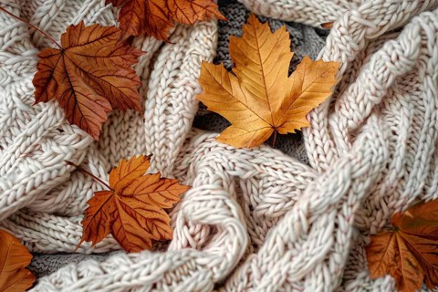 Autumn maple leaves on cozy knitted blanket. Generative Ai, AI generated