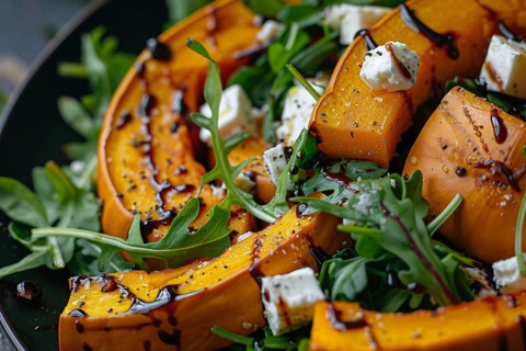 Close up of salad with baked pumpkin slices with rucola lettuce and feta cheese. Generative ai, AI