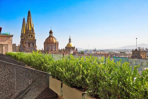 Central Guadalajara Cathedral, view from a luxury hotel on central plaza
