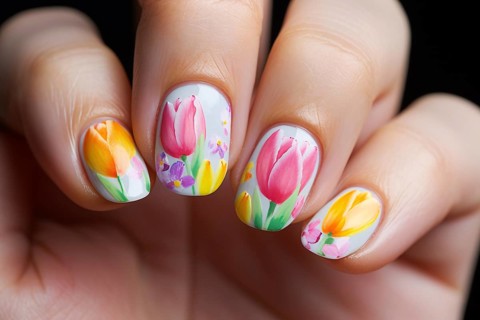Clos eup of woman's fingernails with seasonal tulip spring flower nail art design. KI generiert,