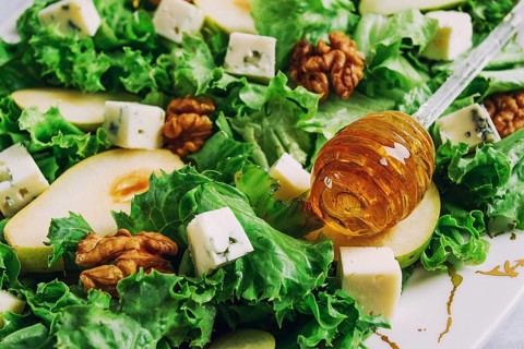 Keto Salad, pear with blue cheese and walnut, selective focus, no people, close-up