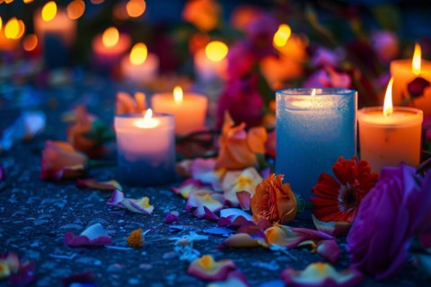 Memorial with candles and flowers in street. KI generiert, generiert, AI generated
