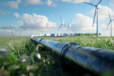 Hydrogen pipeline with wind turbines. KI generiert, generiert, AI generated