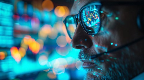Stock broker following trends about investments, mortgages, financial markets and market data, AI
