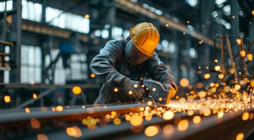 Worker in industrial factory working on steel production manufacturing line with welding equipment,