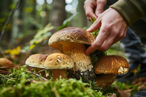 Hand picking up large brown Boletus mushroom in forest. KI generiert, generiert, AI generated